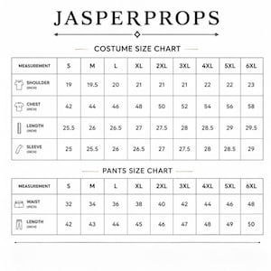May include: A black and white Jasperprops costume size chart and pants size chart. The tables display measurements in inches for sizes S through 6XL, covering shoulder, chest, length, and sleeve for costumes, and waist and length for pants.