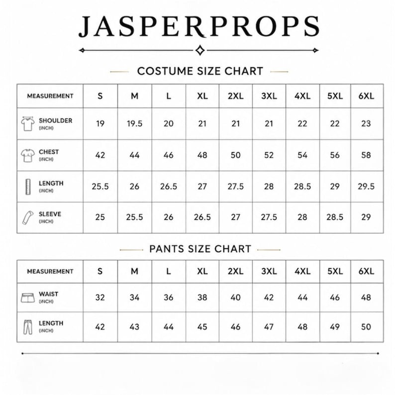 Puede incluir: Una tabla de tallas de disfraces y pantalones Jasperprops en blanco y negro. Las tablas muestran medidas en pulgadas para las tallas S a 6XL, cubriendo hombros, pecho, largo y mangas para disfraces, y cintura y largo para los pantalones.