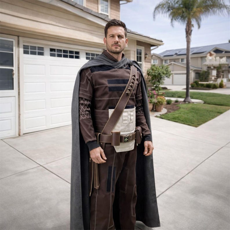 May include: A brown long-sleeved shirt with a white front panel, dark brown trousers, and a dark gray cape. A brown leather-like utility belt with pouches and a diagonal shoulder strap with metallic accents are worn over the shirt and trousers.