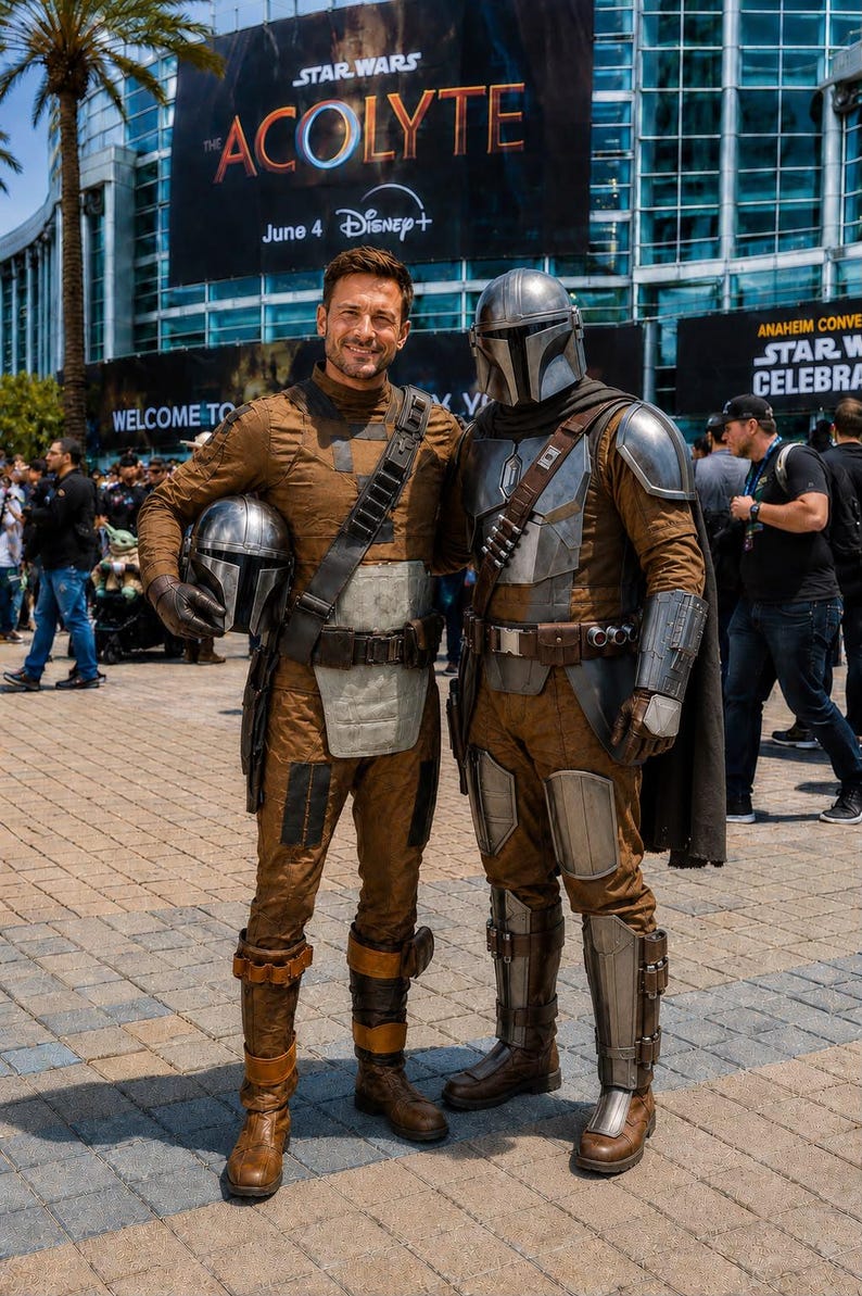 May include: Two individuals wearing brown textured flight suits with metallic armor plating, utility belts, and brown leather boots. One individual wears a full silver helmet, while the other holds a matching helmet at their side.