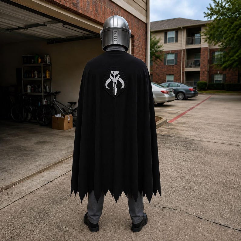 May include: A silver metallic helmet worn with a black cape featuring a white Mythosaur skull emblem on the back. The cape has a jagged, pointed hemline and is worn over grey trousers and black shoes, creating a full-body costume appearance.