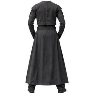 May include: A black long-sleeved coat featuring a cropped bodice overlay, a belted waist, and a floor-length skirt. The garment includes ribbed detailing on the sleeves and shoulders, with a solid, structured design that extends to the ankles.