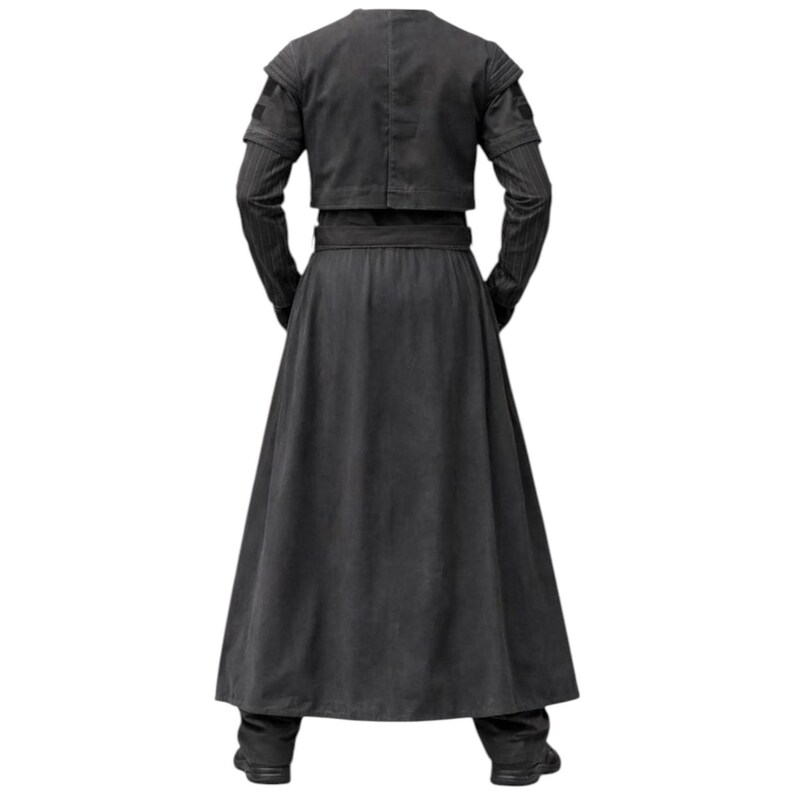 May include: A black long-sleeved coat featuring a cropped bodice overlay, a belted waist, and a floor-length skirt. The garment includes ribbed detailing on the sleeves and shoulders, with a solid, structured design that extends to the ankles.