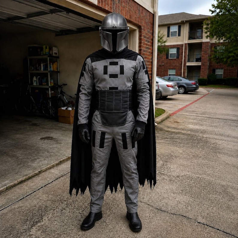 May include: A full-body costume featuring a metallic silver helmet with a T-shaped visor, a grey shirt and trousers with black rectangular accents, a black waist belt, a long black cape, and black gloves. The outfit is worn as a complete set.