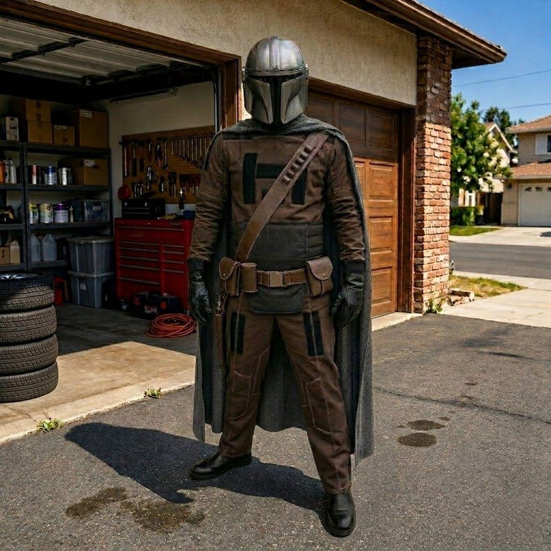May include: A full-body costume featuring a metallic silver helmet with a T-shaped visor, a brown long-sleeved shirt with black accents, matching brown trousers, a dark grey cape, black gloves, and a brown utility belt with pouches and a strap.