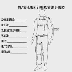Może przedstawiać: Czarno-biały diagram zatytułowany MEASUREMENTS FOR CUSTOM ORDERS. Przedstawia rysunek liniowy ludzkiej sylwetki ze strzałkami wskazującymi punkty pomiaru kołnierza, ramion, klatki piersiowej, długości koszuli, długości rękaw&oacute;w, talii, bioder, szwu zewnętrznego i wewnętrznego.