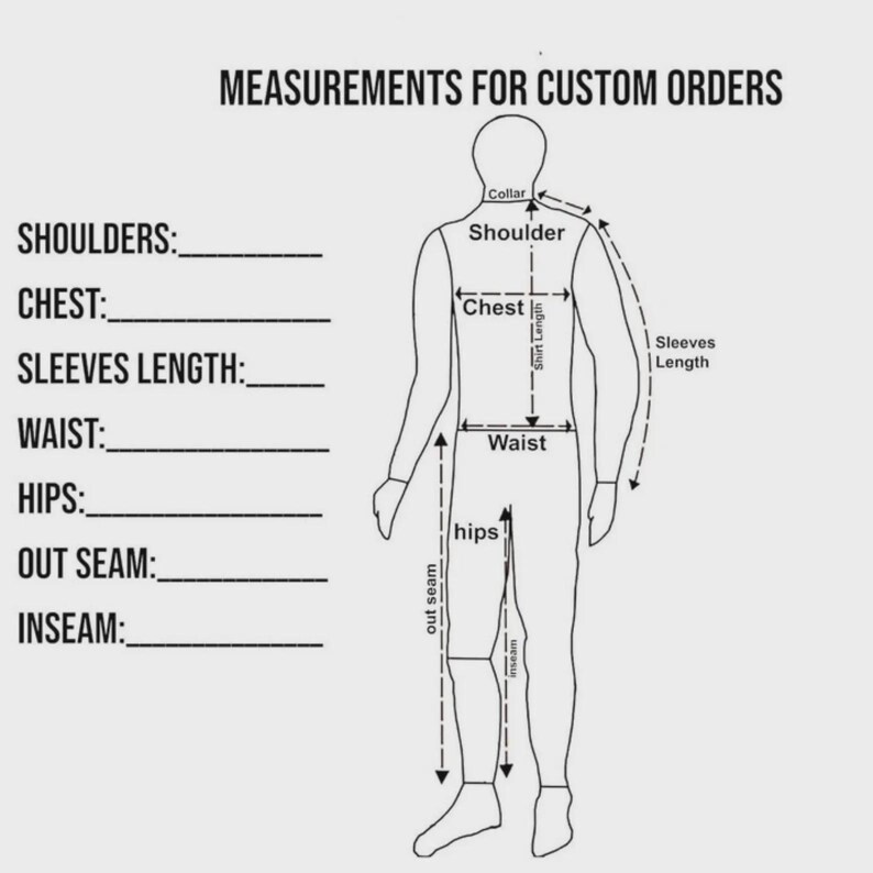 Może przedstawiać: Czarno-biały diagram zatytułowany MEASUREMENTS FOR CUSTOM ORDERS. Przedstawia rysunek liniowy ludzkiej sylwetki ze strzałkami wskazującymi punkty pomiaru kołnierza, ramion, klatki piersiowej, długości koszuli, długości rękaw&oacute;w, talii, bioder, szwu zewnętrznego i wewnętrznego.