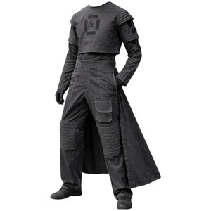 May include: A dark gray tactical outfit consisting of a short-sleeved cropped top with shoulder padding and a geometric chest emblem, paired with long trousers featuring quilted knee panels, a side cargo pocket, and an attached floor-length back panel.