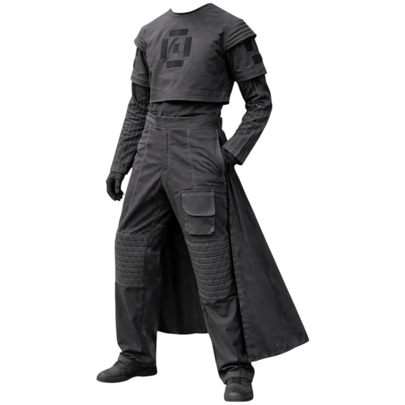 May include: A dark gray tactical outfit consisting of a short-sleeved cropped top with shoulder padding and a geometric chest emblem, paired with long trousers featuring quilted knee panels, a side cargo pocket, and an attached floor-length back panel.