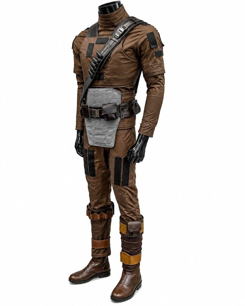 May include: A brown tactical costume set featuring a high-neck long-sleeve top, matching trousers, and dark brown boots. The outfit includes a grey abdominal plate, a black utility belt with pouches, a shoulder strap, and black gloves.