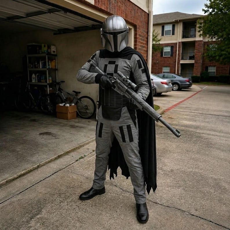 May include: A full-body costume featuring a silver metallic helmet with a T-shaped visor, a grey long-sleeved shirt and trousers with black rectangular accents, a black cape, black gloves, and black boots, while holding a long grey rifle prop.