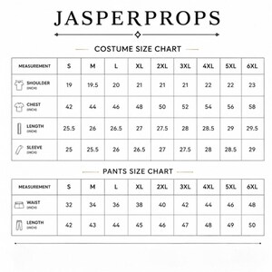 May include: A black and white Jasperprops costume size chart and pants size chart. The tables display measurements in inches for sizes S through 6XL, covering shoulder, chest, length, and sleeve for costumes, and waist and length for pants.