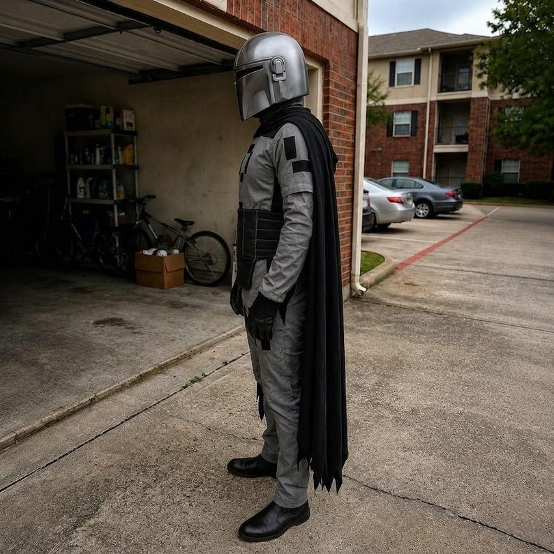 May include: A full-body costume featuring a metallic silver helmet with a T-shaped visor, a grey long-sleeved shirt and trousers, a black utility belt, black gloves, black boots, and a long black cape draped over the shoulders and back.