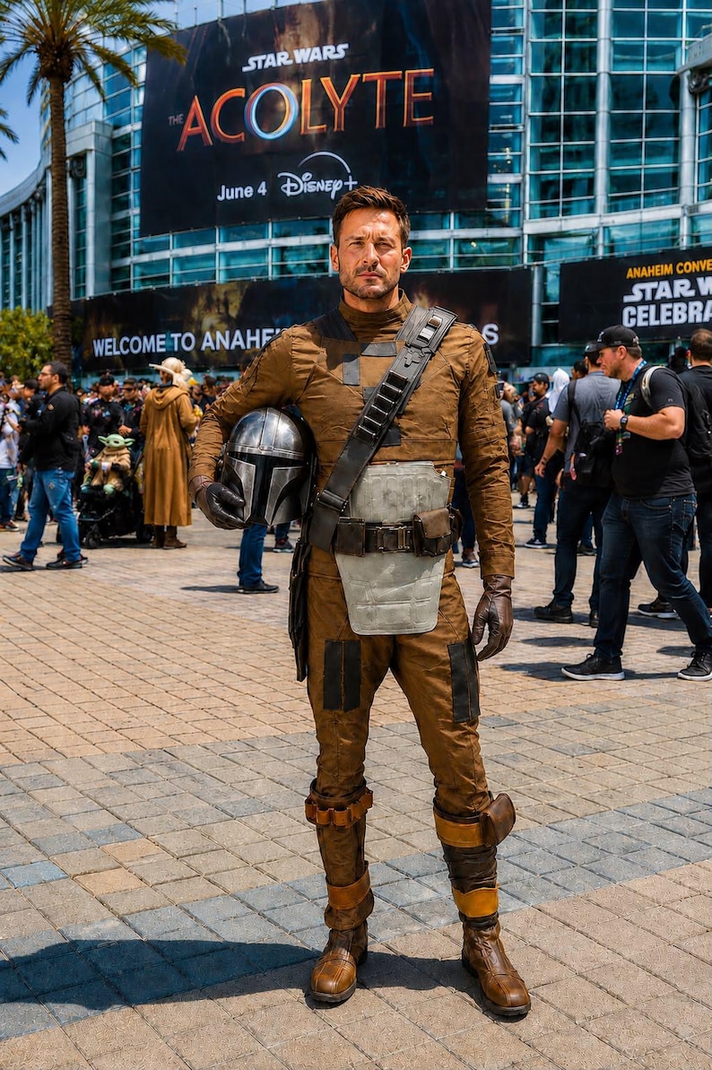 May include: A person wearing a brown textured long-sleeve shirt and matching trousers with dark knee patches. The outfit includes a grey chest plate, a dark utility belt with a shoulder strap, and brown boots. A silver helmet is held under one arm.