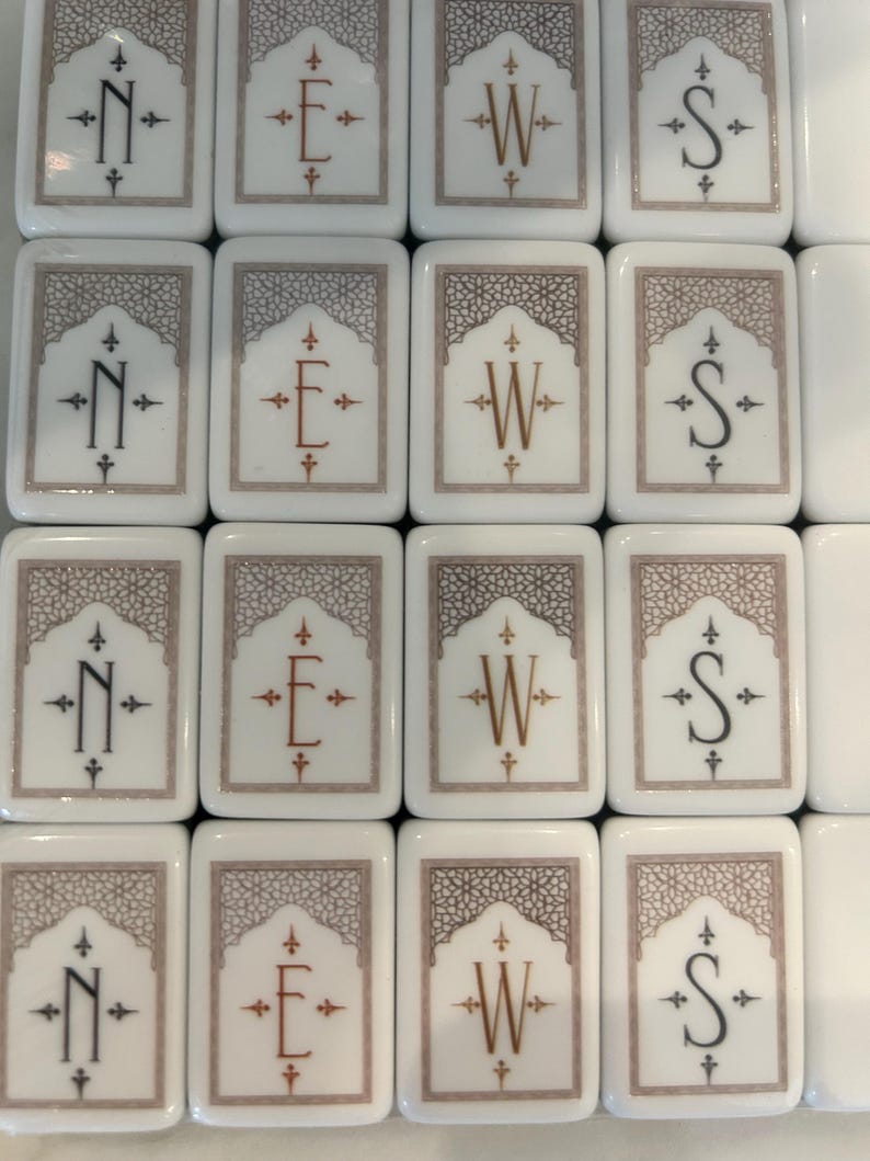 May include: A collection of rectangular white tiles arranged in a grid. Each tile features a central letter N, E, W, or S in a decorative font, surrounded by a geometric border pattern in a muted brown tone with small cross-shaped accents.