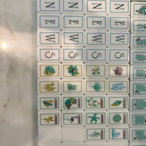 May include: A collection of white rectangular Mahjong tiles arranged in rows and columns. The tiles feature various colourful illustrations including tropical plants, sea life, and the word NEWS printed vertically in black letters, alongside JOKER tiles.