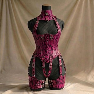 Peut inclure: Un corset à motif peau de serpent magenta et noir doté d'un col montant, de bretelles intégrées et d'une série de boucles verticales et d'anneaux métalliques. Le vêtement comprend des porte-jarretelles attachés avec des boucles réglables.