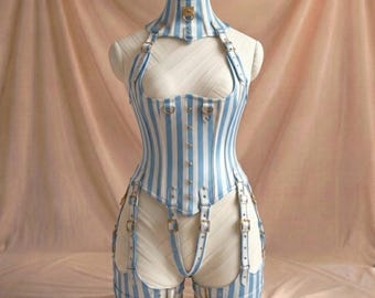 Body corsé a rayas azules para mujer - Tirantes con hebillas - Estilo gótico de Halloween