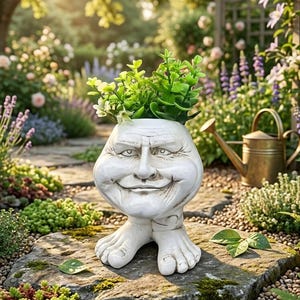 May include: A white ceramic planter shaped like a human head with a wide, smiling face and two feet at the base. The planter is filled with small green leafy plants and is positioned on a flat stone in a garden setting with a metal watering can.