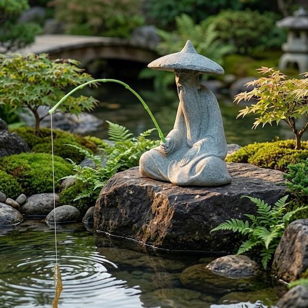 Zen Fisherman Statue, Feng Shui Garden Decor, Japanese Style Stone Sculpture, Meditation Ornament, Housewarming Gift, Patio Yard Art