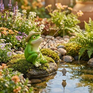 Könnte beinhalten: Eine grüne Froschfigur mit einem beigen Strohhut, die auf einem moosigen Stein sitzt. Der Frosch hält eine dünne Angelrute mit einer Schnur, an der ein kleiner, metallischer Anhänger in Fischform knapp über dem Wasser hängt.