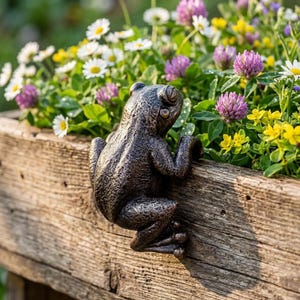 May include: A dark bronze-colored frog figurine with a textured, bumpy surface is perched on the edge of a weathered wooden planter box. The frog is positioned in a climbing pose, with its front and back legs gripping the side of the wood.