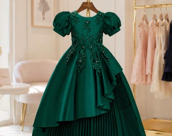 Luxury Emerald Green Girls Dress, Beaded Princess Gown, Flower Girl Dress, Birthday Party Outfit