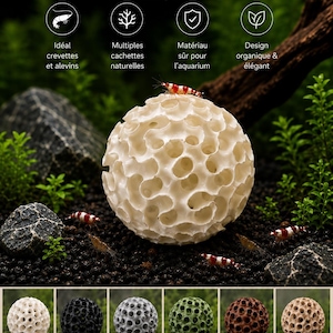 May include: A spherical aquarium ornament with a porous, honeycomb-like texture, available in white, black, gray, green, and brown. The product is labeled Boule Refuge and features multiple holes for aquatic life, with available sizes of 5, 6, 8, and 10 inches.