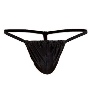 May include: A black thong featuring a smooth, shiny fabric finish with a gathered, elasticised waistband design. The garment consists of a triangular front panel connected to thin, minimalist side straps that meet at a central back point.