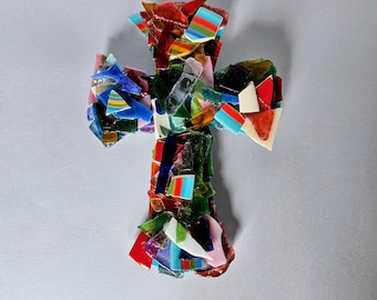 Handcrafted Glass and Ceramic Cross | Bright Lively Color Tones | High-Gloss Glaze | 9 x 6