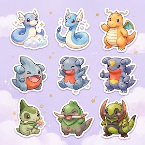 May include: A set of nine die-cut stickers featuring various cartoon dragon-like creatures in blue, orange, gray, and green colors. The characters are depicted in dynamic poses with expressive faces, arranged in a grid against a light purple background.