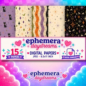 May include: A collection of 15 digital papers featuring mid-century modern patterns with black cats, stars, and wavy lines in purple, orange, and cream. The text reads ephemera daydreams 15 DIGITAL PAPERS JPEG 8.5x11 INCH DIGITAL DOWNLOAD.