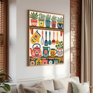 Lámina decorativa para la pared de la cocina, póster vibrante de tetera y taza, decoración de cocina con estampado bohemio