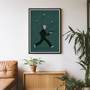 Bartender Juggling Martini Glasses Print, Dapper Bar Cart Wall Art, Dark Teal Cocktail Poster