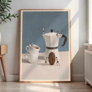 Coffee Art Print, Tiny People Coffee Scene, Moka Pot Wall Art, Coffee Lover Gift