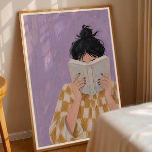 Kunstdruck mit unordentlichem Dutt, Motiv: Lesende Frau, Wanddeko für Bücherliebhaber, Geschenkidee für Leseratten