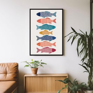 Colorful Fish Wall Art, Stacked Fish Print, Coastal Decor, Abstract Ocean Poster