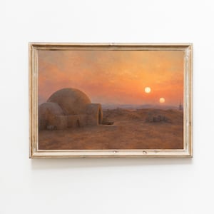 タトゥイーンの双子の太陽の風景画プリント、レトロSFミニマリスト旅行ポスター