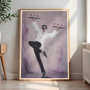 Puede incluir: Una lámina de arte enmarcada que presenta la ilustración estilizada de un camarero con bigote y gafas redondas, vistiendo camisa blanca y pantalón negro, equilibrando dos bandejas circulares con copas de vino sobre un fondo morado.