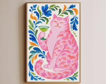 Pink Cat Martini Glass Print, Floral Wall Art, Quirky Animal Decor, Bar Cart Art