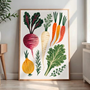 Ilustração botânica de raízes e vegetais, arte de parede para cozinha, ilustração de produtos agrícolas, decoração rústica de ervas.
