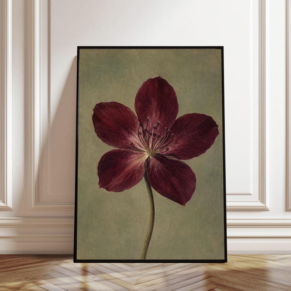 Burgundy Hellebore Art Print, Vintage Dark Red Flower Poster, Moody Floral Wall Art, Elegant Bedroom Office Fine Art Illustration
