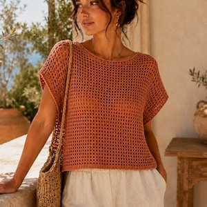 Patrón PDF para top de crochet de malla, top corto holgado estilo dolman, camiseta de crochet de verano, pareo de playa, tallas XS-5XL para mujer (descarga digital)