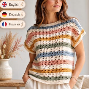 Crochet Top Pattern PDF, Striped Dolman Shirt, Women's Summer Tee (XS-5XL)