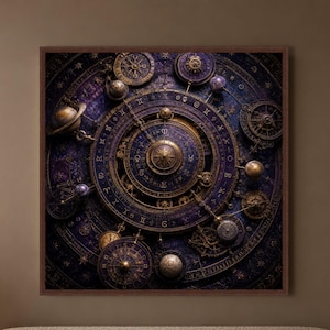 May include: A square wall art piece featuring a detailed astronomical clock design in deep purple and gold tones. The intricate mechanical display includes rotating celestial spheres, planetary models, and zodiac symbols on a dark, textured background.