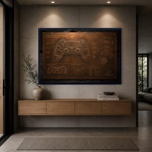 Op de afbeelding: Een rechthoekige wanddecoratie met een koperkleurige technische blauwdruk van een gamecontroller. De print toont de tekst APEX PRO CONTROLLER, gedetailleerde schematische diagrammen en technische annotaties in een donkere houten lijst.