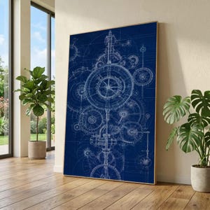 Puede incluir: Una pieza de arte mural rectangular vertical que presenta un plano técnico blanco detallado de engranajes mecánicos complejos y componentes de relojería sobre un fondo azul marino profundo, enmarcado en un borde de madera clara.