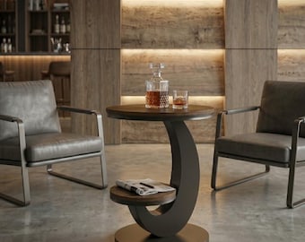 Round Side and End Table, Industrial 2-Tier Storage, Modern Bedside Nightstand, Small Coffee Table