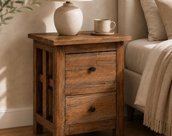 Solid Reclaimed Wood Nightstand, Two Drawer Bedside Table, Rustic Wooden End Table, Small Bedroom Storage Cabinet