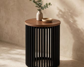 Round Acacia Wood End Table, Modern Minimalist Accent Side Table